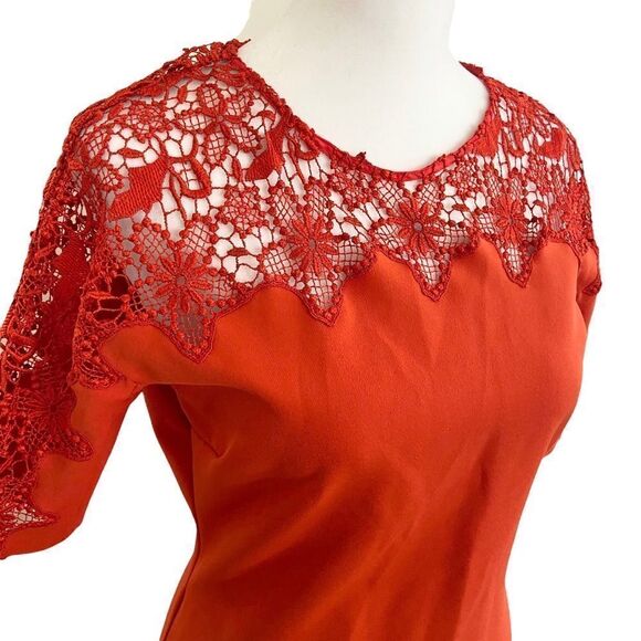 Zara Midi Dress Floral Lace Detail Orange Red Size Small - Picture 6 of 10
